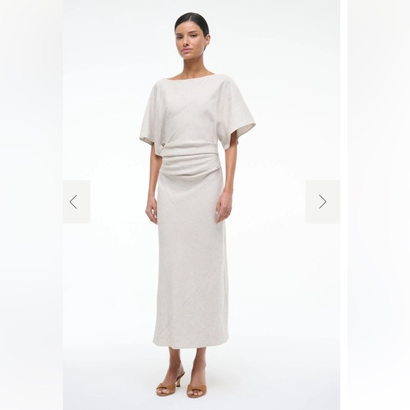 new Staud Amelie draped linen blend midi dress in natural oatmeal heather - Picture 3 of 12